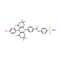 CC1(C)CC(=O)C2=C(C1)N(c1ccc(C(=O)Nc3ccc(S(N)(=O)=O)cc3)cc1)C1=C(C(=O)CC(C)(C)C1)C2c1ccc(O)cc1 ZINC000096910923