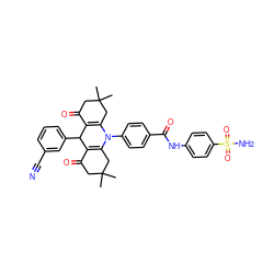 CC1(C)CC(=O)C2=C(C1)N(c1ccc(C(=O)Nc3ccc(S(N)(=O)=O)cc3)cc1)C1=C(C(=O)CC(C)(C)C1)C2c1cccc(C#N)c1 ZINC000096910934