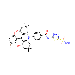 CC1(C)CC(=O)C2=C(C1)N(c1ccc(C(=O)Nc3nnc(S(N)(=O)=O)s3)cc1)C1=C(C(=O)CC(C)(C)C1)C2c1cc(Br)ccc1O ZINC000653882164