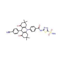 CC1(C)CC(=O)C2=C(C1)N(c1ccc(C(=O)Nc3nnc(S(N)(=O)=O)s3)cc1)C1=C(C(=O)CC(C)(C)C1)C2c1ccc(C#N)cc1 ZINC000653865325