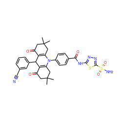 CC1(C)CC(=O)C2=C(C1)N(c1ccc(C(=O)Nc3nnc(S(N)(=O)=O)s3)cc1)C1=C(C(=O)CC(C)(C)C1)C2c1cccc(C#N)c1 ZINC000653861917