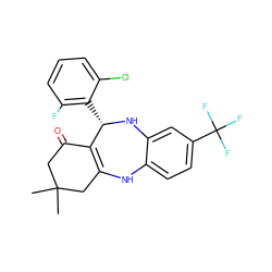 CC1(C)CC(=O)C2=C(C1)Nc1ccc(C(F)(F)F)cc1N[C@H]2c1c(F)cccc1Cl ZINC000043025241