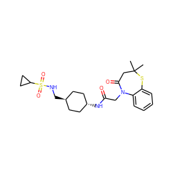 CC1(C)CC(=O)N(CC(=O)N[C@H]2CC[C@H](CNS(=O)(=O)C3CC3)CC2)c2ccccc2S1 ZINC000261083080