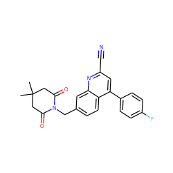 CC1(C)CC(=O)N(Cc2ccc3c(-c4ccc(F)cc4)cc(C#N)nc3c2)C(=O)C1 ZINC000221623144