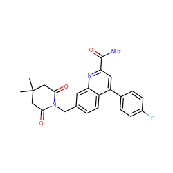 CC1(C)CC(=O)N(Cc2ccc3c(-c4ccc(F)cc4)cc(C(N)=O)nc3c2)C(=O)C1 ZINC000205665000