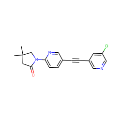 CC1(C)CC(=O)N(c2ccc(C#Cc3cncc(Cl)c3)cn2)C1 ZINC000144820198