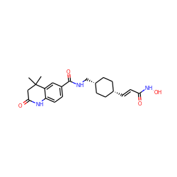 CC1(C)CC(=O)Nc2ccc(C(=O)NC[C@H]3CC[C@@H](/C=C/C(=O)NO)CC3)cc21 ZINC000299839408