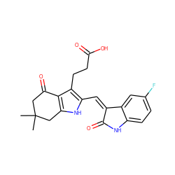 CC1(C)CC(=O)c2c([nH]c(/C=C3\C(=O)Nc4ccc(F)cc43)c2CCC(=O)O)C1 ZINC000058583691