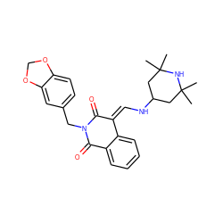 CC1(C)CC(N/C=C2/C(=O)N(Cc3ccc4c(c3)OCO4)C(=O)c3ccccc32)CC(C)(C)N1 ZINC000003276676