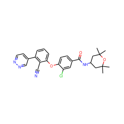 CC1(C)CC(NC(=O)c2ccc(Oc3cccc(-c4ccnnc4)c3C#N)c(Cl)c2)CC(C)(C)O1 ZINC000140115268