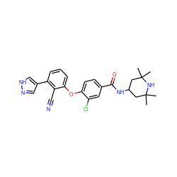 CC1(C)CC(NC(=O)c2ccc(Oc3cccc(-c4cn[nH]c4)c3C#N)c(Cl)c2)CC(C)(C)N1 ZINC000145878124