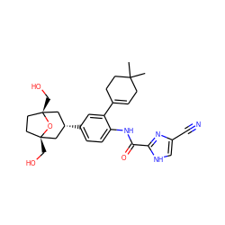 CC1(C)CC=C(c2cc([C@@H]3C[C@]4(CO)CC[C@](CO)(C3)O4)ccc2NC(=O)c2nc(C#N)c[nH]2)CC1 ZINC000100619439