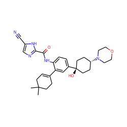 CC1(C)CC=C(c2cc([C@]3(O)CC[C@H](N4CCOCC4)CC3)ccc2NC(=O)c2ncc(C#N)[nH]2)CC1 ZINC001772587008