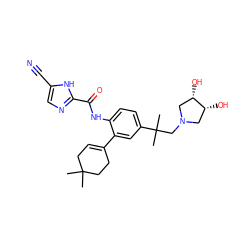 CC1(C)CC=C(c2cc(C(C)(C)CN3C[C@H](O)[C@H](O)C3)ccc2NC(=O)c2ncc(C#N)[nH]2)CC1 ZINC000169701091