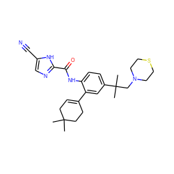 CC1(C)CC=C(c2cc(C(C)(C)CN3CCSCC3)ccc2NC(=O)c2ncc(C#N)[nH]2)CC1 ZINC000169701092