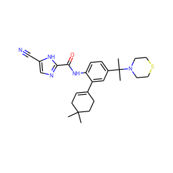 CC1(C)CC=C(c2cc(C(C)(C)N3CCSCC3)ccc2NC(=O)c2ncc(C#N)[nH]2)CC1 ZINC000146899108