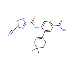 CC1(C)CC=C(c2cc(C(N)=O)ccc2NC(=O)c2nc(C#N)c[nH]2)CC1 ZINC000103285568