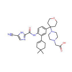 CC1(C)CC=C(c2cc(C3(N4CCN(CC(=O)O)CC4)CCOCC3)ccc2NC(=O)c2ncc(C#N)[nH]2)CC1 ZINC000146319696