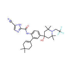 CC1(C)CC=C(c2cc(C3(O)CC(C)(C)N(CC(F)(F)F)C(C)(C)C3)ccc2NC(=O)c2ncc(C#N)[nH]2)CC1 ZINC000146895910