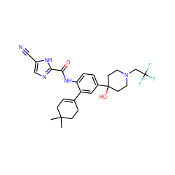 CC1(C)CC=C(c2cc(C3(O)CCN(CC(F)(F)F)CC3)ccc2NC(=O)c2ncc(C#N)[nH]2)CC1 ZINC000146896108