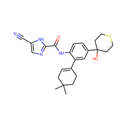 CC1(C)CC=C(c2cc(C3(O)CCSCC3)ccc2NC(=O)c2ncc(C#N)[nH]2)CC1 ZINC000146868334