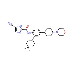 CC1(C)CC=C(c2cc(C3CCC(N4CCOCC4)CC3)ccc2NC(=O)c2ncc(C#N)[nH]2)CC1 ZINC000141240361