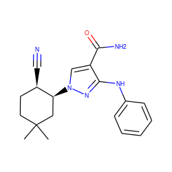 CC1(C)CC[C@@H](C#N)[C@@H](n2cc(C(N)=O)c(Nc3ccccc3)n2)C1 ZINC000221844824