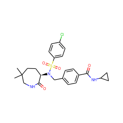 CC1(C)CC[C@@H](N(Cc2ccc(C(=O)NC3CC3)cc2)S(=O)(=O)c2ccc(Cl)cc2)C(=O)NC1 ZINC000029129218