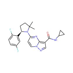 CC1(C)CC[C@H](c2cc(F)ccc2F)N1c1ccn2ncc(C(=O)NC3CC3)c2n1 ZINC000169704165