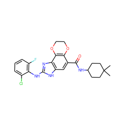 CC1(C)CCC(NC(=O)c2cc3[nH]c(Nc4c(F)cccc4Cl)nc3c3c2OCCO3)CC1 ZINC000205320856