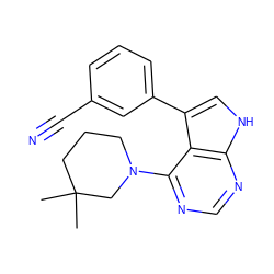 CC1(C)CCCN(c2ncnc3[nH]cc(-c4cccc(C#N)c4)c23)C1 ZINC000210751163