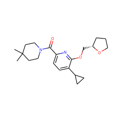 CC1(C)CCN(C(=O)c2ccc(C3CC3)c(OC[C@@H]3CCCO3)n2)CC1 ZINC000146256372