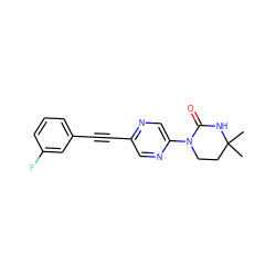 CC1(C)CCN(c2cnc(C#Cc3cccc(F)c3)cn2)C(=O)N1 ZINC000143946280