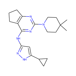 CC1(C)CCN(c2nc3c(c(Nc4cc(C5CC5)[nH]n4)n2)CCC3)CC1 ZINC000299857135