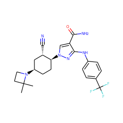 CC1(C)CCN1[C@@H]1CC[C@H](n2cc(C(N)=O)c(Nc3ccc(C(F)(F)F)cc3)n2)[C@@H](C#N)C1 ZINC000222978989