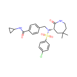 CC1(C)CCNC(=O)[C@@H](N(Cc2ccc(C(=O)NC3CC3)cc2)S(=O)(=O)c2ccc(Cl)cc2)C1 ZINC000029130183