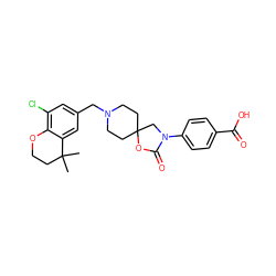 CC1(C)CCOc2c(Cl)cc(CN3CCC4(CC3)CN(c3ccc(C(=O)O)cc3)C(=O)O4)cc21 ZINC000169702657