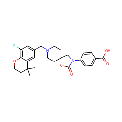 CC1(C)CCOc2c(F)cc(CN3CCC4(CC3)CN(c3ccc(C(=O)O)cc3)C(=O)O4)cc21 ZINC000169702656