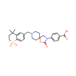 CC1(C)CCS(=O)(=O)c2ccc(CN3CCC4(CC3)CN(c3ccc(C(=O)O)cc3)C(=O)O4)cc21 ZINC000144538521