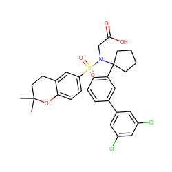 CC1(C)CCc2cc(S(=O)(=O)N(CC(=O)O)C3(c4cccc(-c5cc(Cl)cc(Cl)c5)c4)CCCC3)ccc2O1 ZINC000653792865