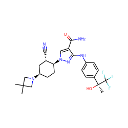 CC1(C)CN([C@@H]2CC[C@H](n3cc(C(N)=O)c(Nc4ccc([C@](C)(O)C(F)(F)F)cc4)n3)[C@@H](C#N)C2)C1 ZINC000221885915