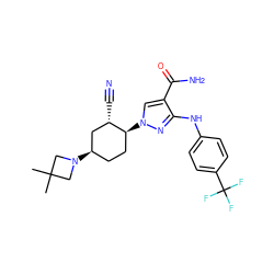 CC1(C)CN([C@@H]2CC[C@H](n3cc(C(N)=O)c(Nc4ccc(C(F)(F)F)cc4)n3)[C@@H](C#N)C2)C1 ZINC000222978362