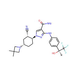 CC1(C)CN([C@H]2CC[C@H](n3cc(C(N)=O)c(Nc4ccc([C@](C)(O)C(F)(F)F)cc4)n3)[C@@H](C#N)C2)C1 ZINC000221886750