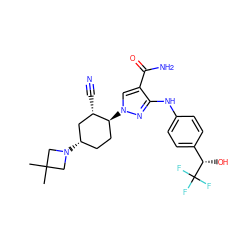 CC1(C)CN([C@H]2CC[C@H](n3cc(C(N)=O)c(Nc4ccc([C@H](O)C(F)(F)F)cc4)n3)[C@@H](C#N)C2)C1 ZINC000221857445