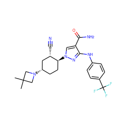 CC1(C)CN([C@H]2CC[C@H](n3cc(C(N)=O)c(Nc4ccc(C(F)(F)F)cc4)n3)[C@@H](C#N)C2)C1 ZINC000222979589