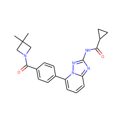 CC1(C)CN(C(=O)c2ccc(-c3cccc4nc(NC(=O)C5CC5)nn34)cc2)C1 ZINC000118401631