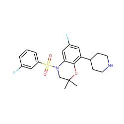 CC1(C)CN(S(=O)(=O)c2cccc(F)c2)c2cc(F)cc(C3CCNCC3)c2O1 ZINC000028948496