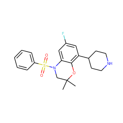 CC1(C)CN(S(=O)(=O)c2ccccc2)c2cc(F)cc(C3CCNCC3)c2O1 ZINC000028948494