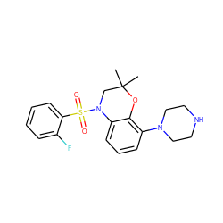 CC1(C)CN(S(=O)(=O)c2ccccc2F)c2cccc(N3CCNCC3)c2O1 ZINC000013982321