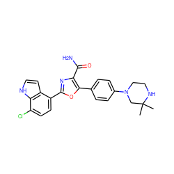 CC1(C)CN(c2ccc(-c3oc(-c4ccc(Cl)c5[nH]ccc45)nc3C(N)=O)cc2)CCN1 ZINC000205428386